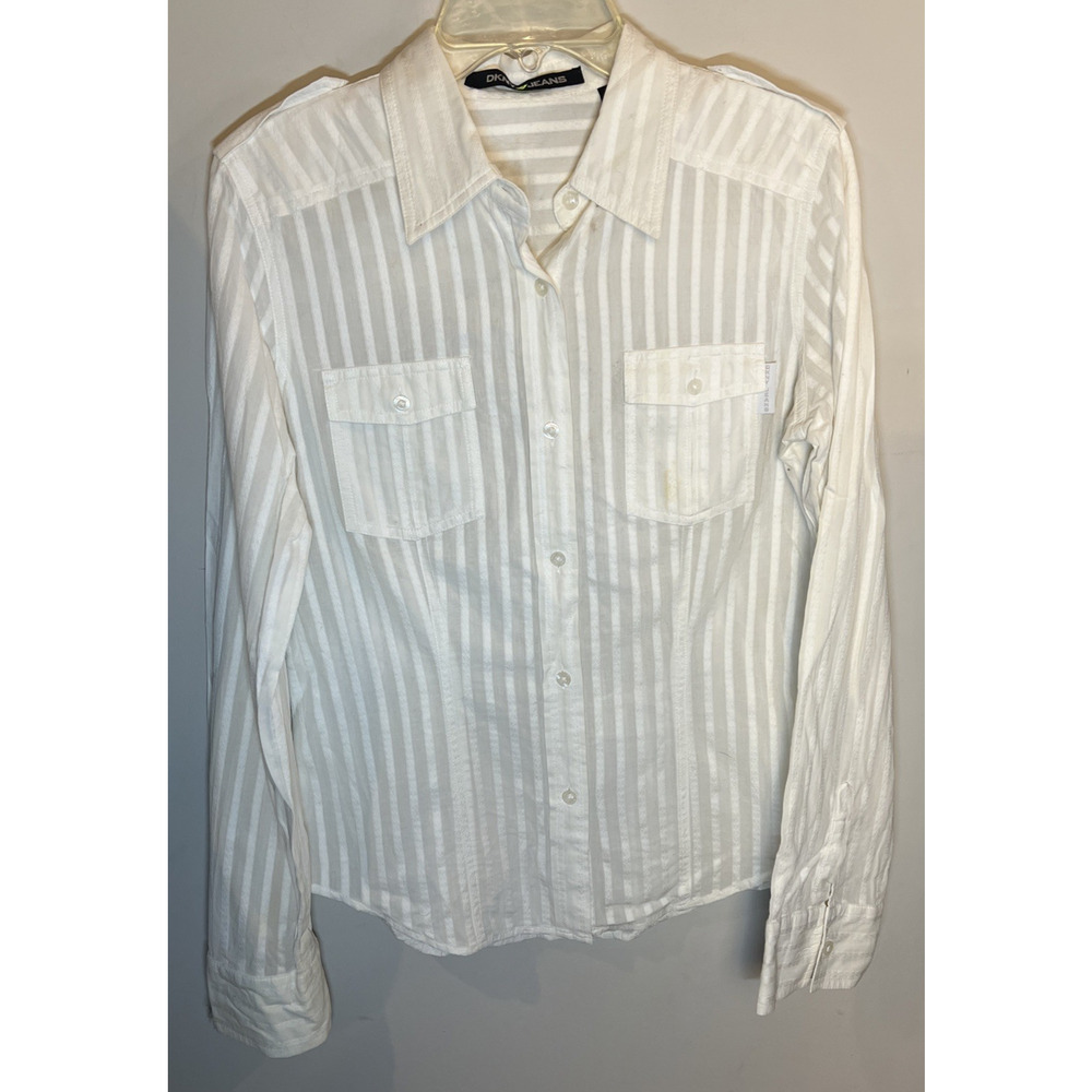 DKNY Jeans White Womens Button Up Sz 10 Subtle Stripes Career Layering